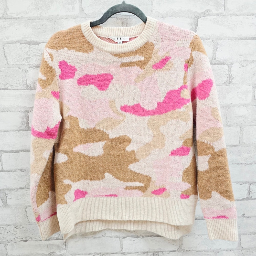 THML Pink‎ Tan Camo Knit Sweater Crew Neck Long Sleeve Casual Women's XS